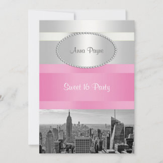 NYC Skyline BW 05 White, Pink Sweet 16 Party Einladung
