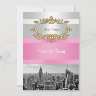 NYC Skyline BW 05 White, Pink Sweet 16 Party Einladung