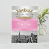 NYC Skyline BW 05 White, Pink Sweet 16 Party Einladung (Stehend Vorderseite)