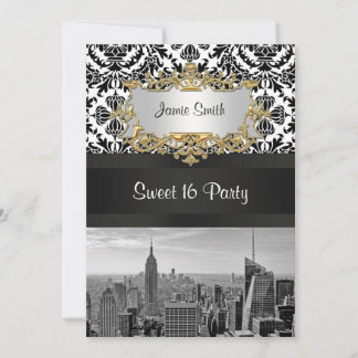 NYC Skyline BW 431 Damask Sweet 16 Party Invite V Einladung