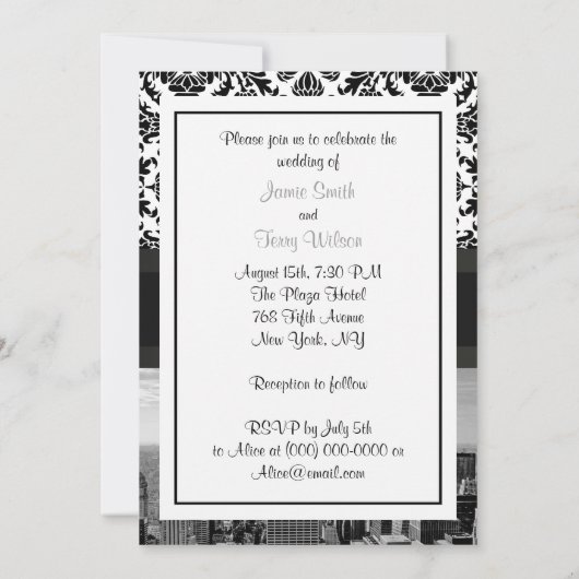 NYC Skyline BW 431 Damask Wedding Invitation V Einladung (Rückseite)