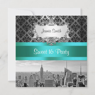 NYC Skyline BW B3 Damask - Sweet 16 Party Einladun Einladung