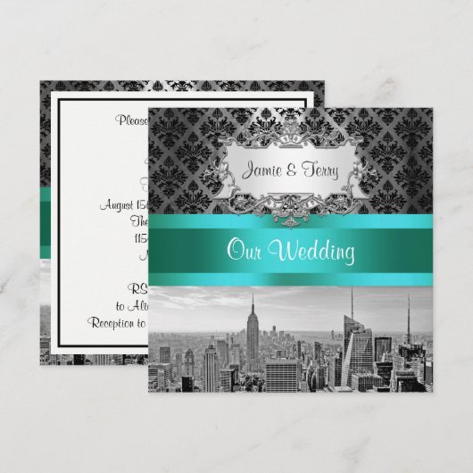 NYC Skyline BW B3 Damask Wedding Einladung F2 (Vorne/Hinten)