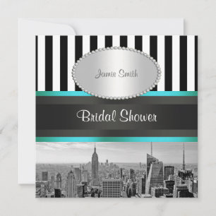 NYC Skyline BW Blk Whit Strp Aquamarin P Brautpart Einladung