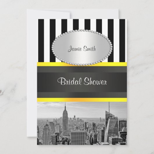 NYC Skyline BW Blk Whit Strp Yellow P Brautparty Einladung (Vorderseite)