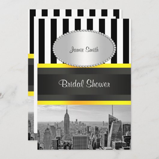 NYC Skyline BW Blk Whit Strp Yellow P Brautparty Einladung (Vorne/Hinten)