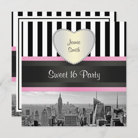 NYC Skyline BW Blk Wht Pink H Sweet 16 Party Einladung (Vorne/Hinten)