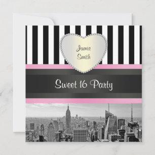 NYC Skyline BW Blk Wht Pink H Sweet 16 Party Einladung