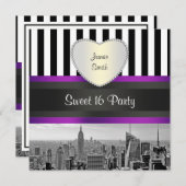 NYC Skyline BW Blk Wht Strip Purpl H Sweet 16 Part Einladung (Vorne/Hinten)