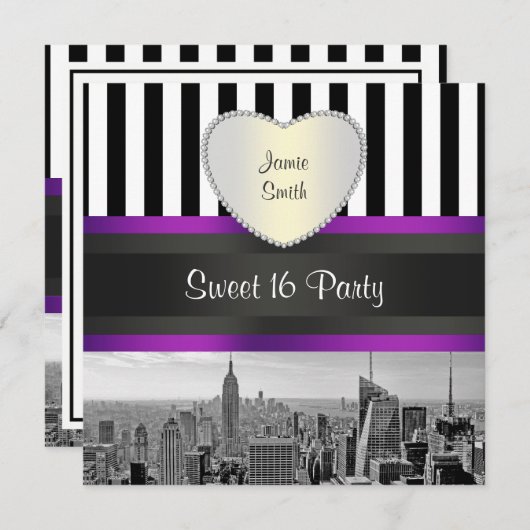 NYC Skyline BW Blk Wht Strip Purpl H Sweet 16 Part Einladung (Vorne/Hinten)