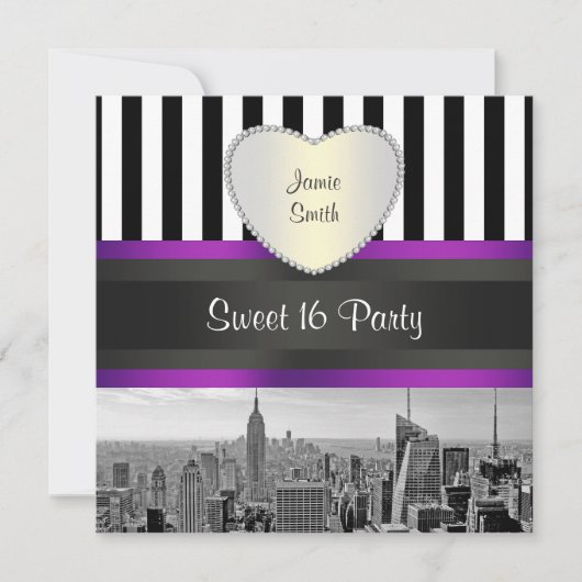 NYC Skyline BW Blk Wht Strip Purpl H Sweet 16 Part Einladung (Vorderseite)