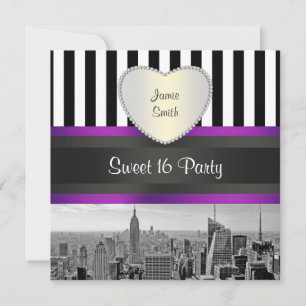 NYC Skyline BW Blk Wht Strip Purpl H Sweet 16 Part Einladung