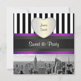 NYC Skyline BW Blk Wht Strip Purpl H Sweet 16 Part Einladung