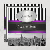 NYC Skyline BW Blk Wht Strip Purpl P Sweet 16 Part Einladung (Vorne/Hinten)