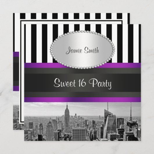 NYC Skyline BW Blk Wht Strip Purpl P Sweet 16 Part Einladung (Vorne/Hinten)