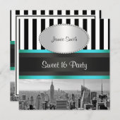 NYC Skyline BW Blk Wht Strp Aquamarin P Sweet 16 P Einladung (Vorne/Hinten)