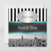 NYC Skyline BW Blk Wht Strp Aquamarin P Sweet 16 P Einladung (Vorderseite)