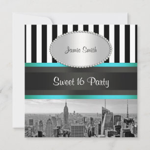 NYC Skyline BW Blk Wht Strp Aquamarin P Sweet 16 P Einladung