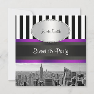 NYC Skyline BW Blk Wht Strp Purpl P Sweet 16 Party Einladung