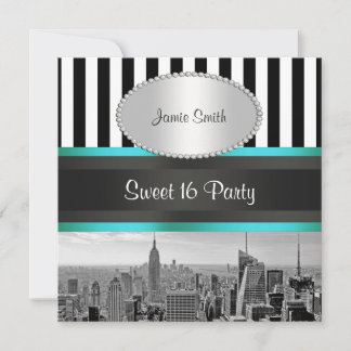 NYC Skyline BW Blk Wht Strp Teal P Sweet 16 Party Einladung