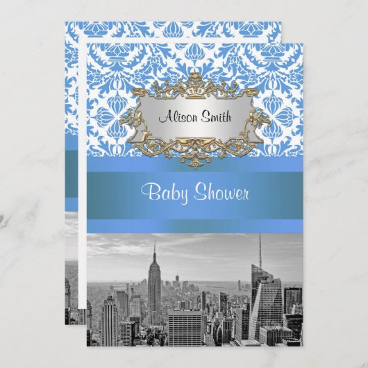 NYC Skyline BW D4 Damask Baby Showeinladung V Einladung (Vorne/Hinten)