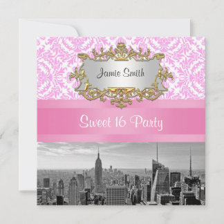 NYC Skyline BW D4P Pink Damask Sweet 16 Party Einladung