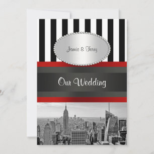 NYC-Skyline BW Schwarz-Weiß-Streifen 2P Hochzeit Einladung
