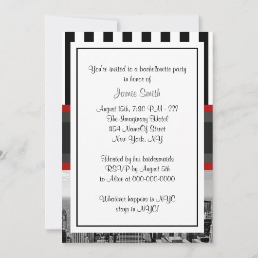 NYC Skyline BW Schwarz-weiß Stripe 2P Bachelorette Einladung (Rückseite)