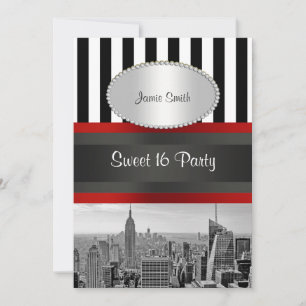 NYC Skyline BW Schwarz-weiß Stripe 2P Sweet 16 Einladung