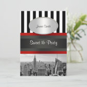 NYC Skyline BW Schwarz-weiß Stripe 2P Sweet 16 Einladung (Stehend Vorderseite)
