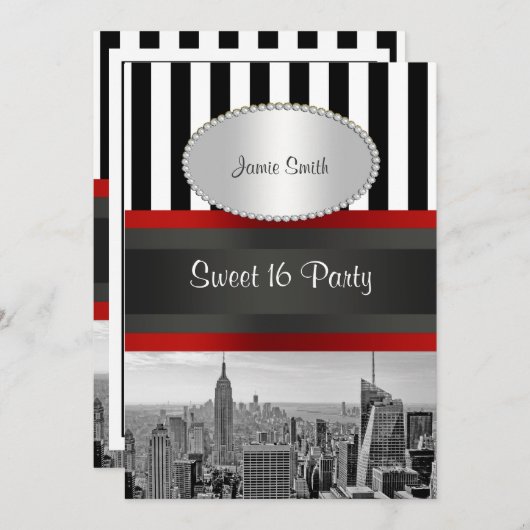 NYC Skyline BW Schwarz-weiß Stripe 2P Sweet 16 Einladung (Vorne/Hinten)