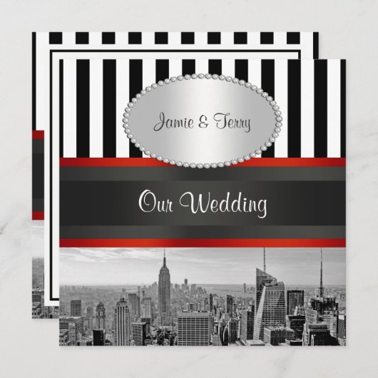 NYC Skyline BW Schwarz-weiß Stripe P Wedding Einla Einladung (Vorne/Hinten)