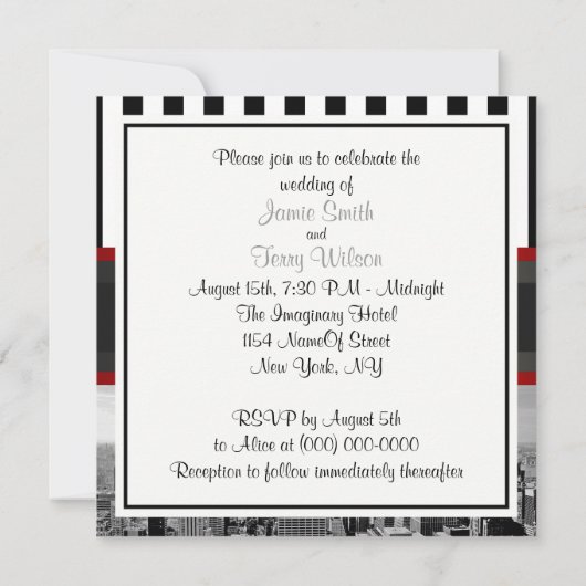 NYC Skyline BW Schwarz-weiß Stripe P Wedding Einla Einladung (Rückseite)