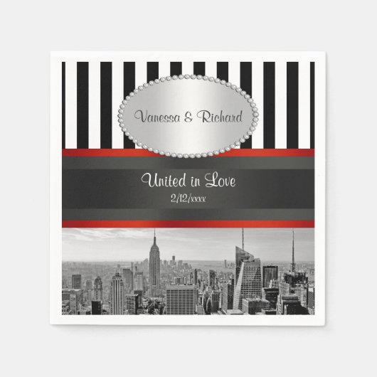 NYC Skyline BW Schwarz-weiß Stripe P Wedding Serviette (Vorderseite)