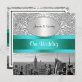 NYC Skyline BW Silver White Damask Wedding Einladung (Vorne/Hinten)