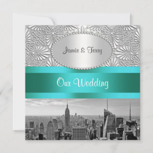 NYC Skyline BW Silver White Damask Wedding Einladung