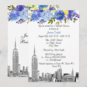NYC-Skyline ESB-Ätzung Blau Gelb Floral Brautparty Einladung