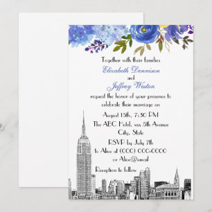 NYC-Skyline ESB-Ätzung Blau Gelb Florale Hochzeit Einladung