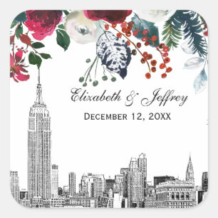 NYC Skyline ESB Ätzung Burgund Grün Floral Wasserf Quadratischer Aufkleber