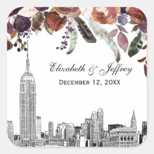 NYC-Skyline ESB-Ätzung Burgunder-Pflaume Florale H Quadratischer Aufkleber
