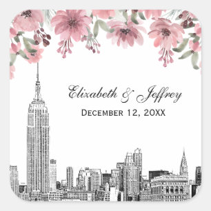 NYC-Skyline ESB-Ätzung Rosa Floral Aquarell  Quadratischer Aufkleber