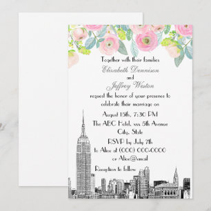 NYC Skyline ESB Ätzung Rosa Ranunculus Blumen Hoch Einladung