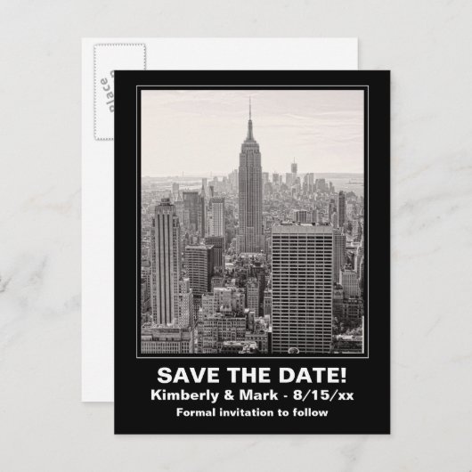 NYC Skyline ESB BW 1 Save the Date Ankündigungspostkarte (Vorne/Hinten)