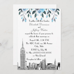 NYC Skyline ESB Etch Blue Gray Floral Wedding Einladung