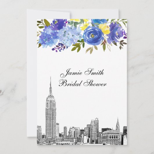 NYC Skyline ESB Etch Blue Yel Floral Brautparty Einladung (Rückseite)
