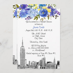 NYC Skyline ESB Etch Blue Yel Floral Brautparty Einladung