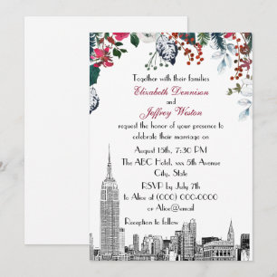 NYC Skyline ESB Etch Burg Blu Green Floral Wedding Einladung