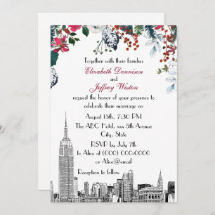 NYC Skyline ESB Etch Burg Blu Green Floral Wedding Einladung