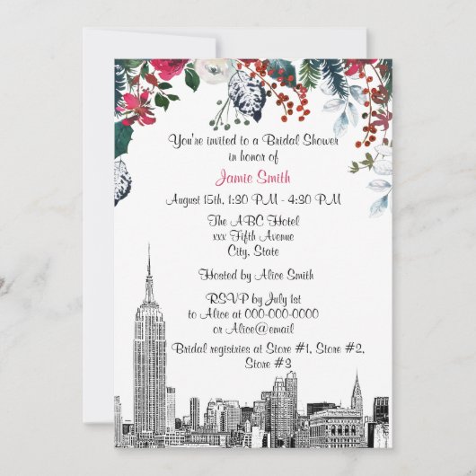 NYC Skyline ESB Etch Burg Grn Brautparty Einladung (Vorderseite)