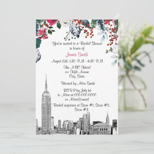 NYC Skyline ESB Etch Burg Grn Brautparty Einladung (Stehend Vorderseite)
